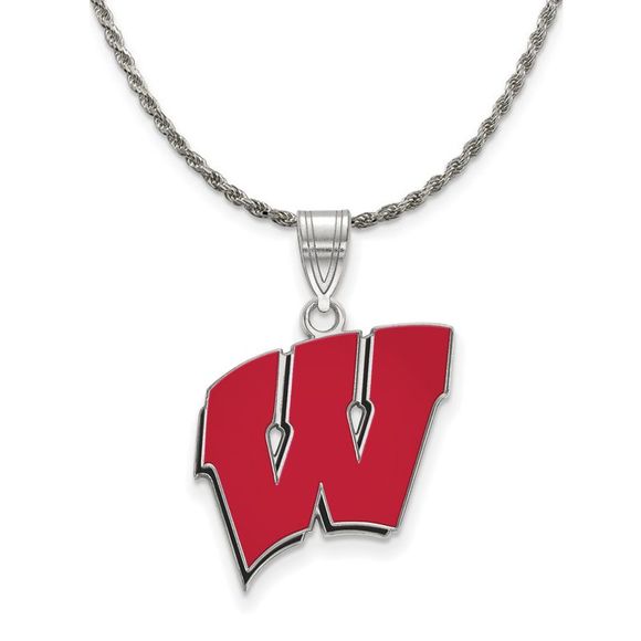 Sterling Silver U. of Wisconsin Large Enamel 'W' Necklace - 20 Inch